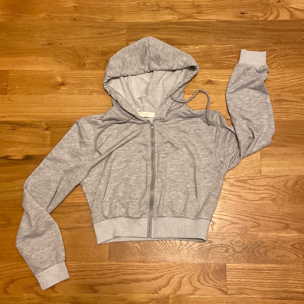Gray Heather Cropped Zip Front Hoodie Sweatshirt S